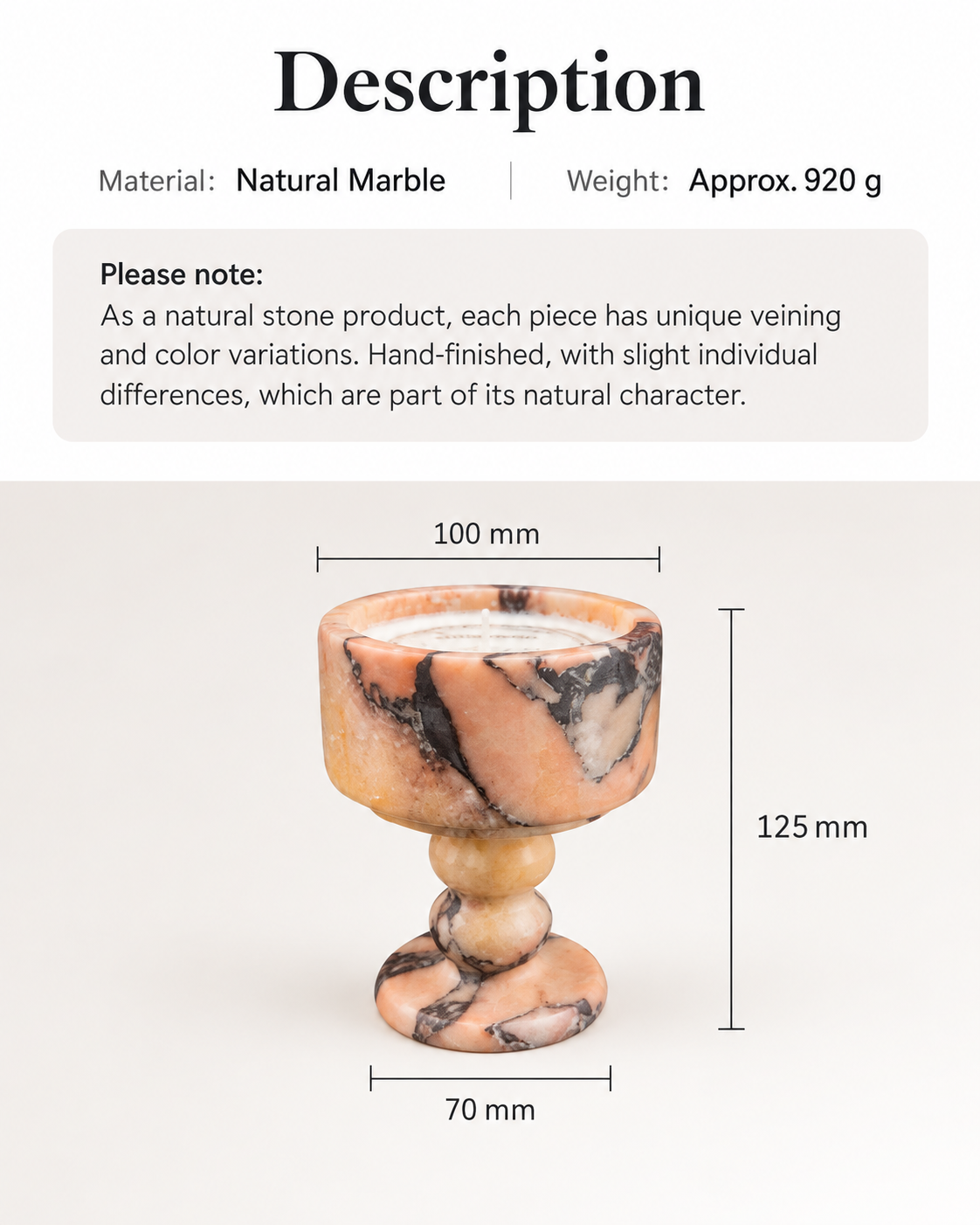 Peach Marble Pedestal Candle Holder with Rounded Stem and Dark Veining