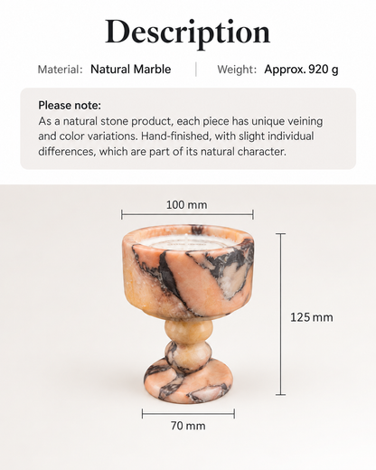 Peach Marble Pedestal Candle Holder with Rounded Stem and Dark Veining
