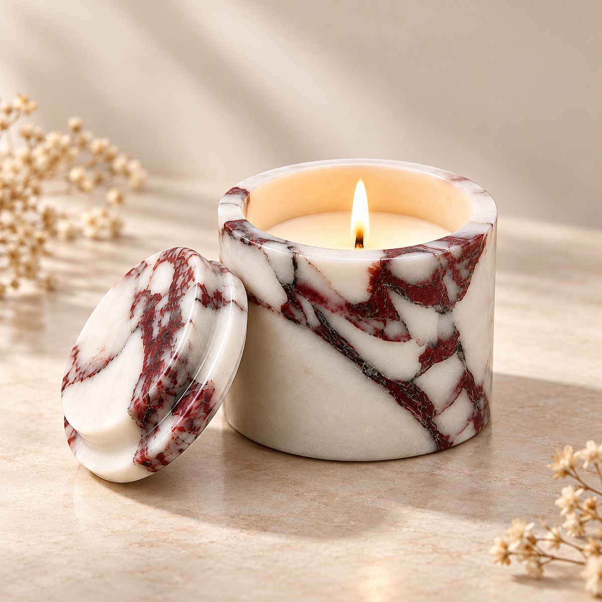 White Marble Candle Jar with Matching Lid and Natural Red Veining