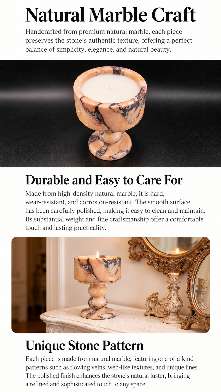 Peach Marble Pedestal Candle Holder with Rounded Stem and Dark Veining