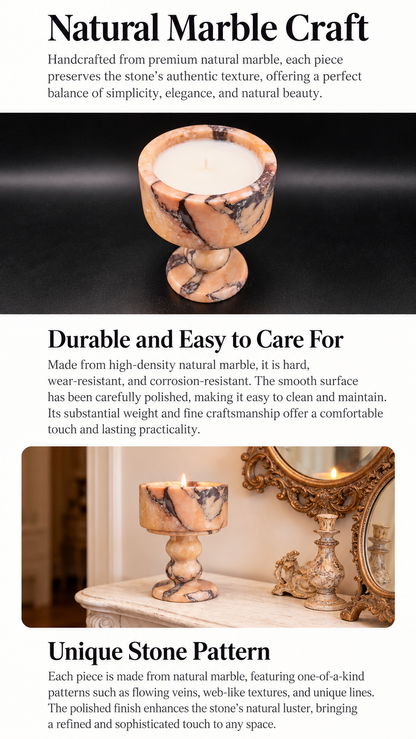Peach Marble Pedestal Candle Holder with Rounded Stem and Dark Veining
