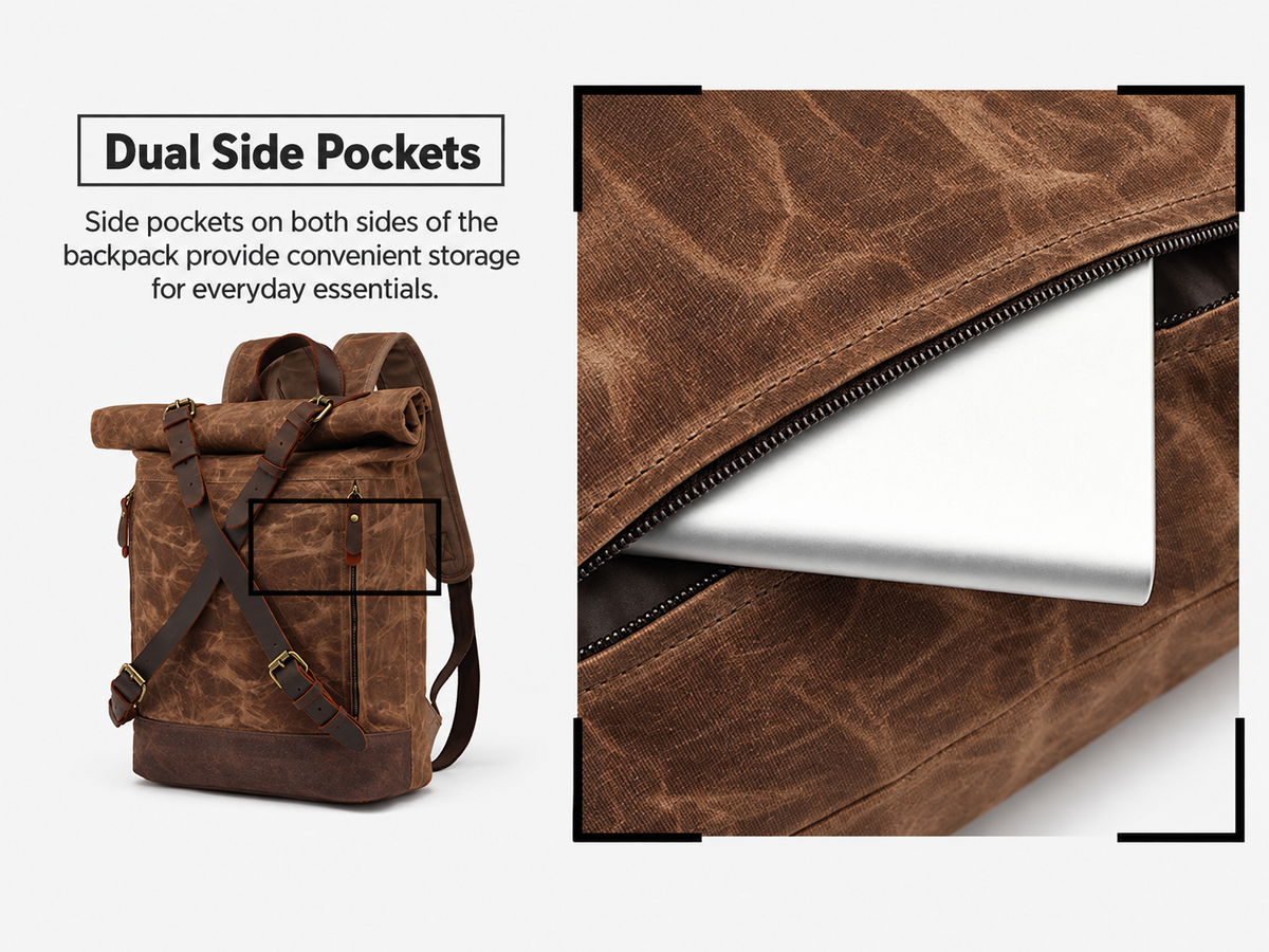 Waxed Canvas Backpack with Genuine Leather and Roll Top Design