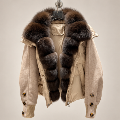 Fur Collar Jacket for Women with Duck Down and Wool Sleeves