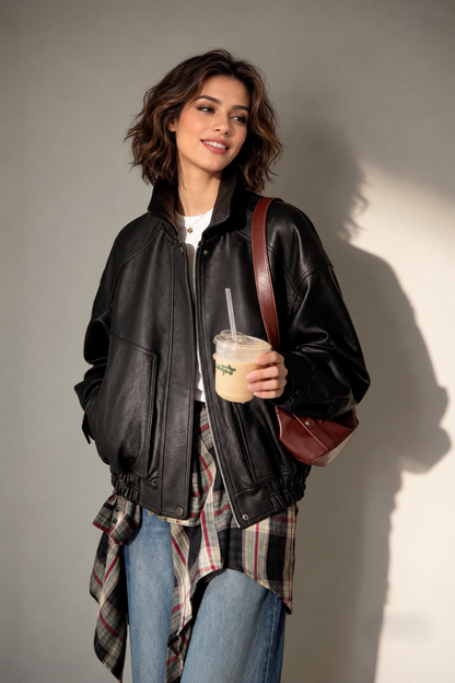 Women's Motorcycle Jacket in Oversized Genuine Sheepskin Leather