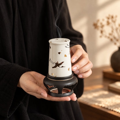 Ceramic Incense Burner with Crane Cutout Lid for Coil Incense