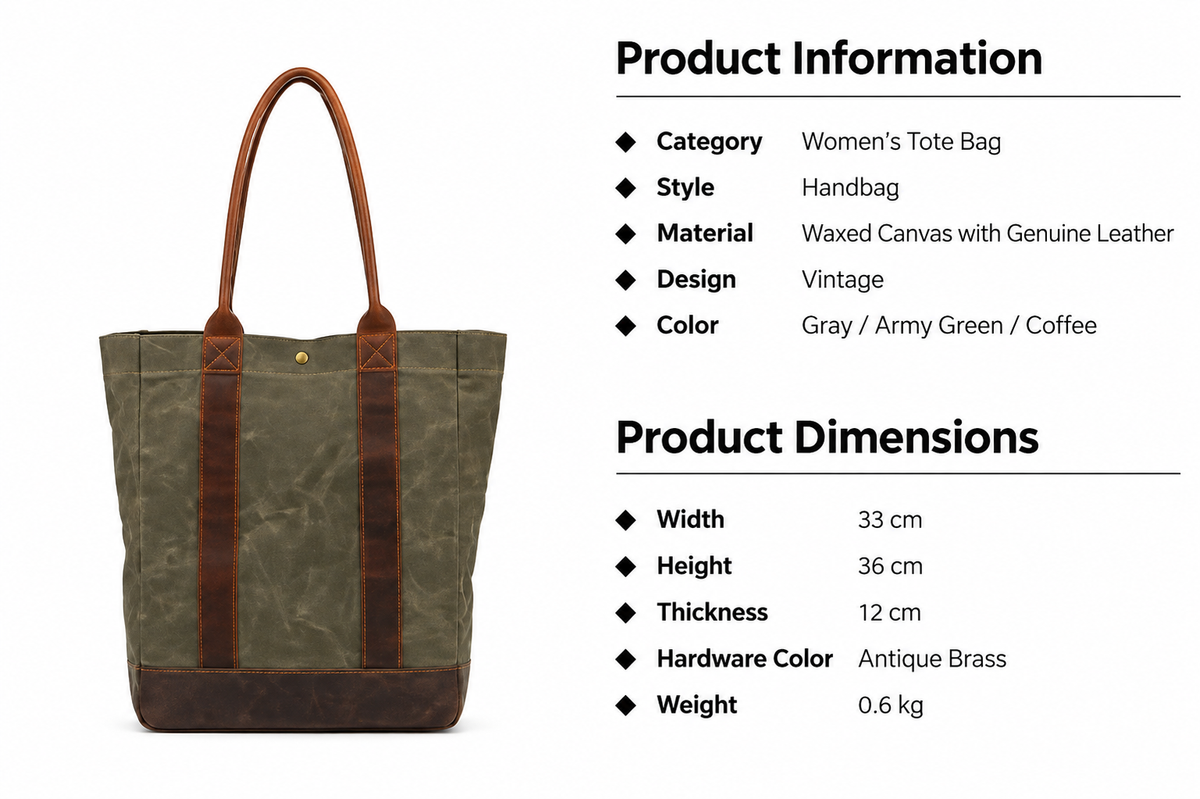 Canvas Tote Bag with Waxed Finish and Genuine Leather Handles