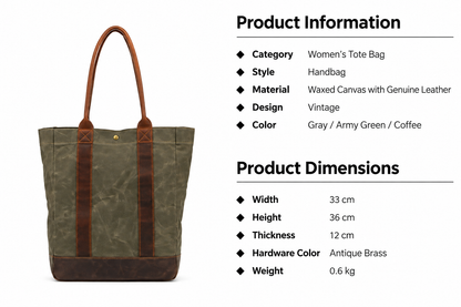 Canvas Tote Bag with Waxed Finish and Genuine Leather Handles