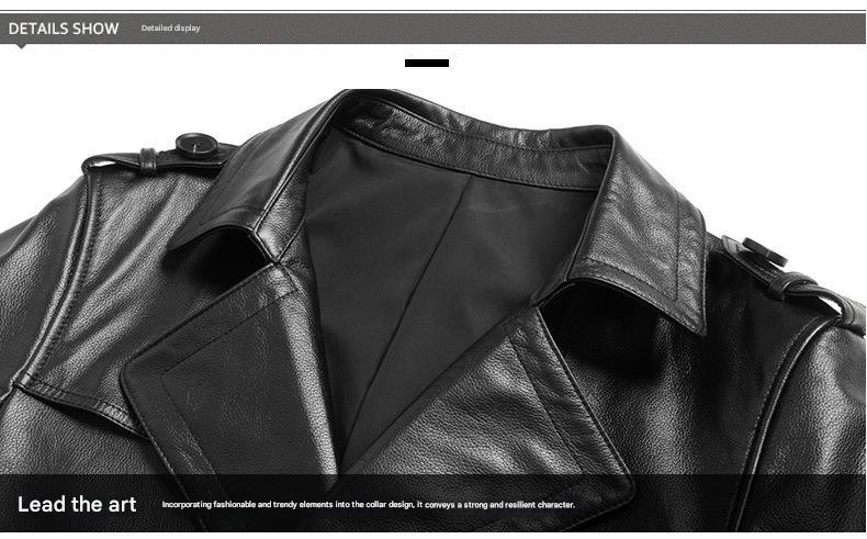 Men long cowhide leather trench coat