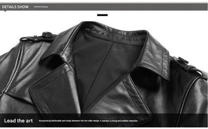 Men long cowhide leather trench coat