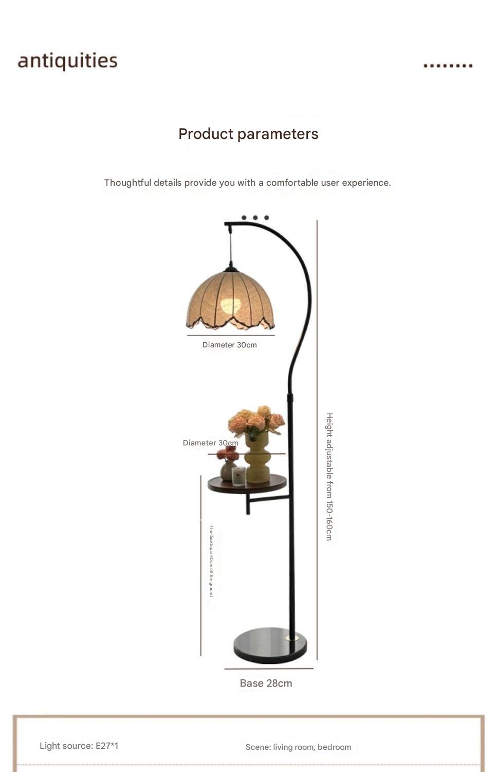 Vintage arc floor lamp with storage shelf