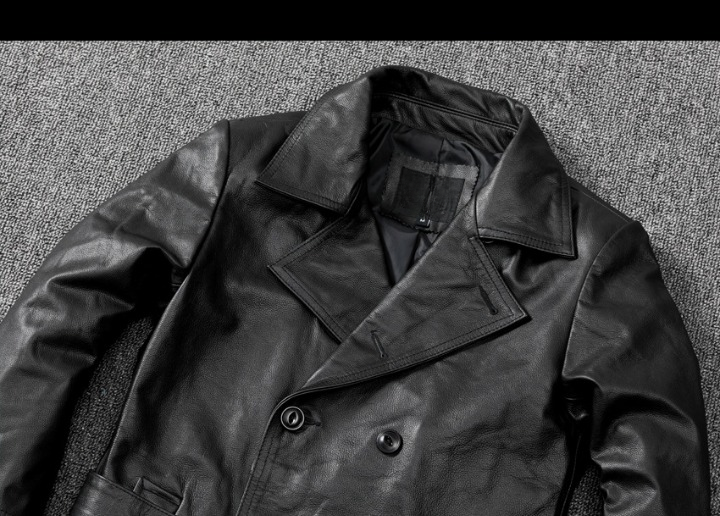 Men mid length leather trench coat jacket