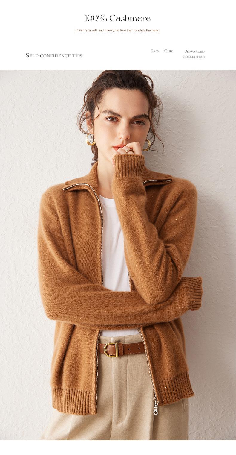 Women’s 100% Pure Cashmere Lapel Zip Cardigan