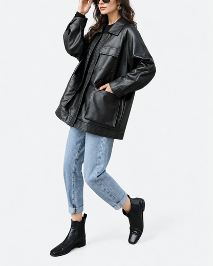 Leather Jacket With Pockets for Women in Oversized Black Fit