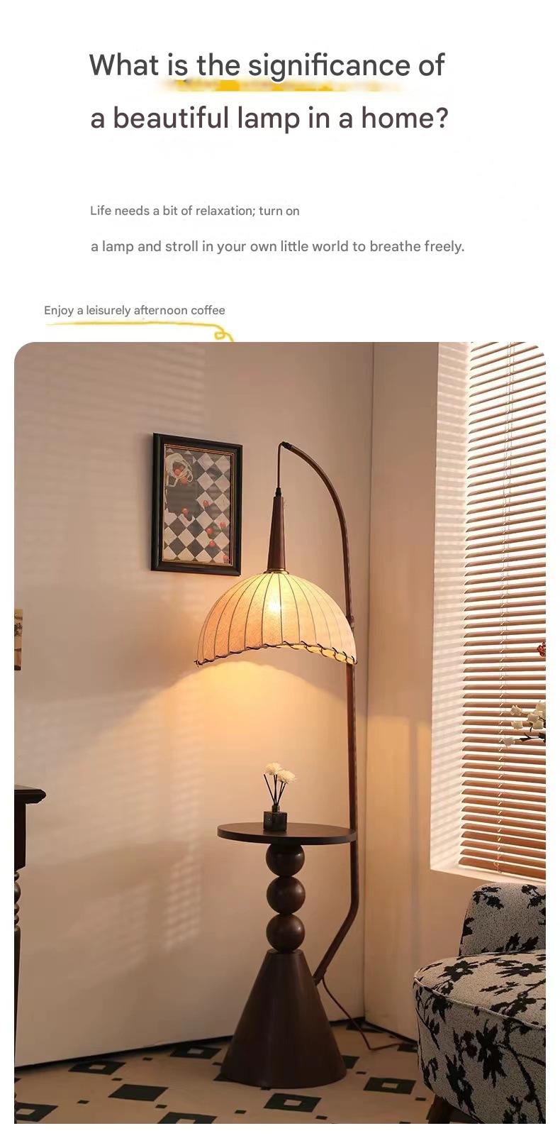 retro wood floor lamp with side shelf lighting