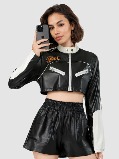 Black and White Faux Leather Jacket Women Cropped Biker Style