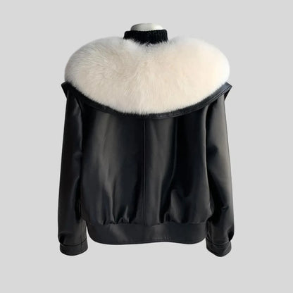 Black Leather Jacket With Fur Women White Collar Winter Style