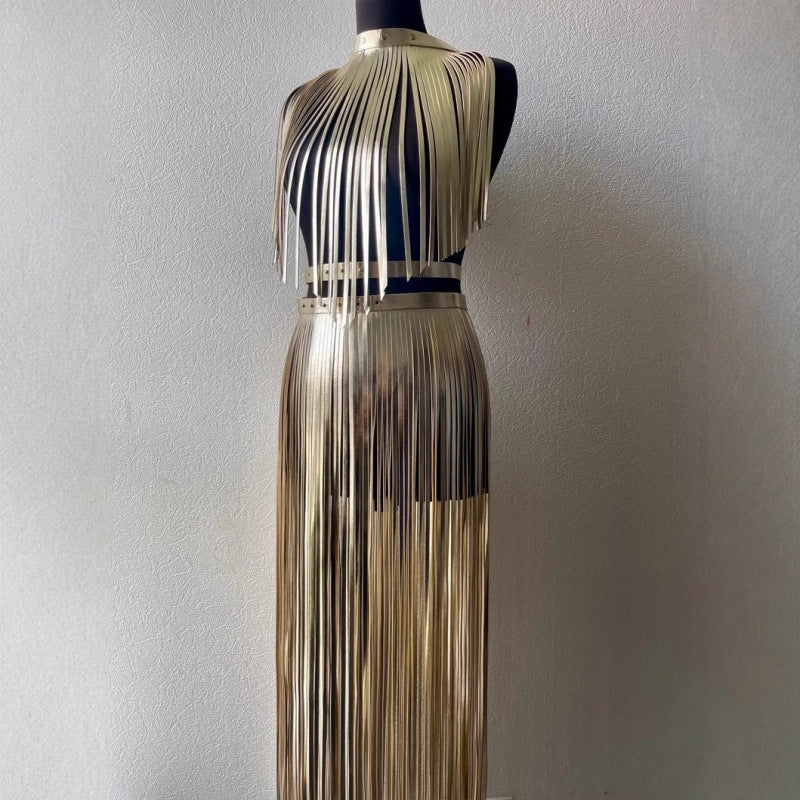 Gold fringe leather skirt tassel belt harness set