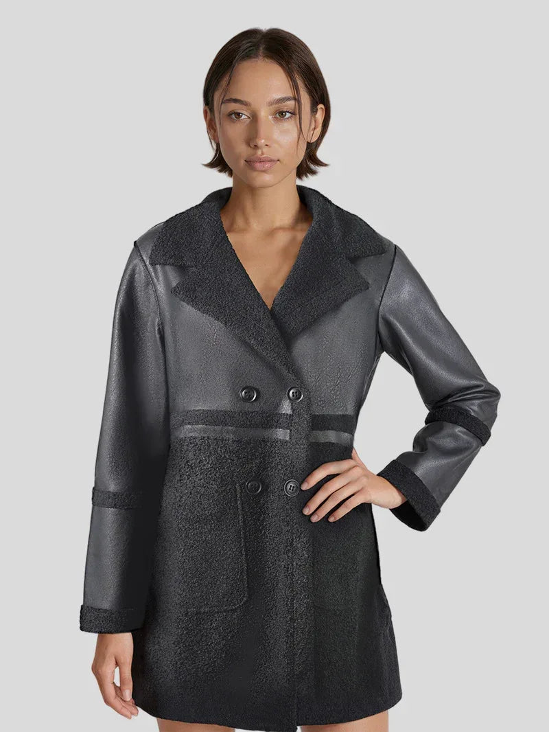 Faux Leather Coat Women Shearling Trim Mid Length Black