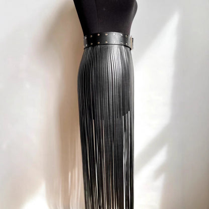 Black leather fringe maxi skirt with studded waist belt