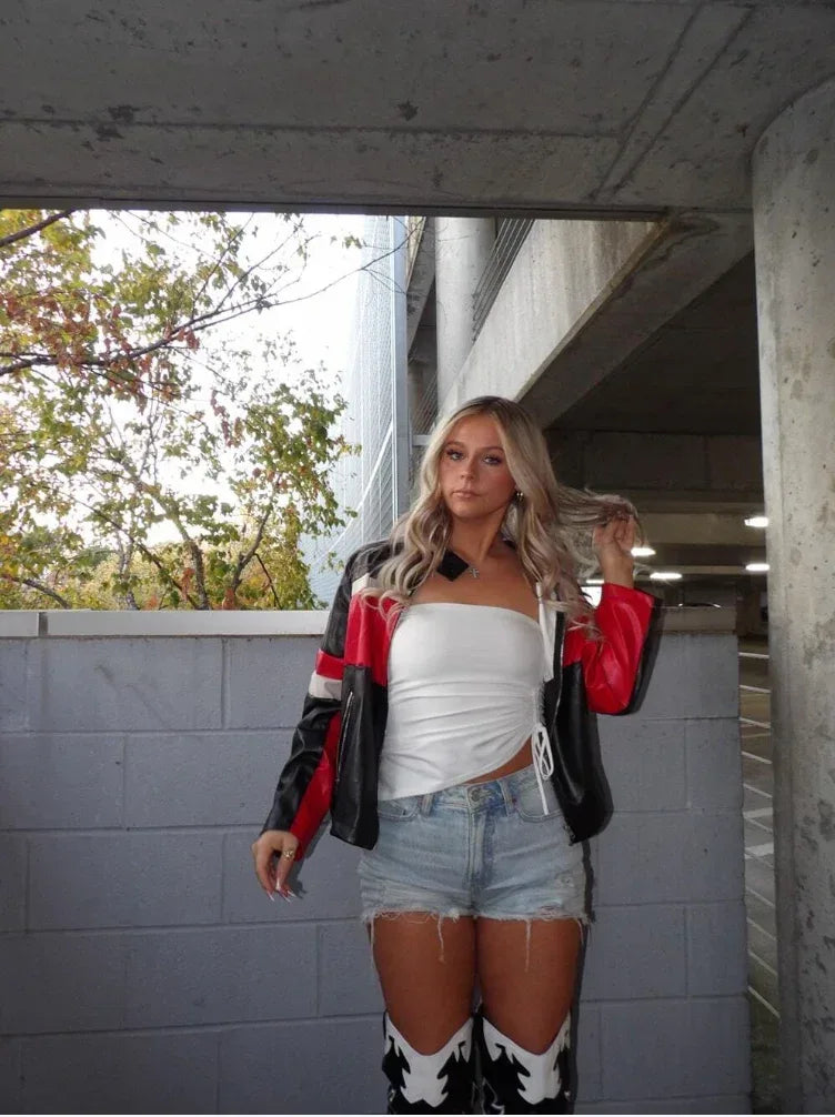 black white red faux leather jacket women cropped