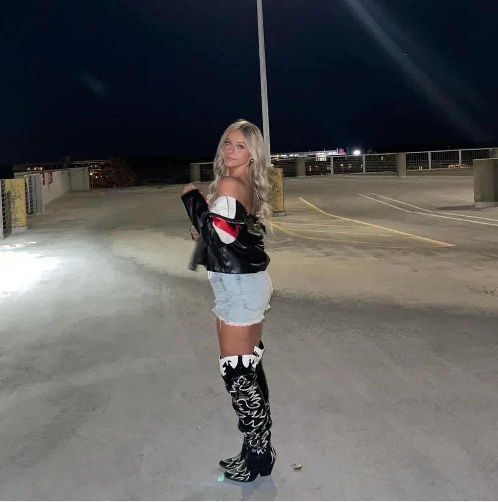 black white red faux leather jacket women cropped