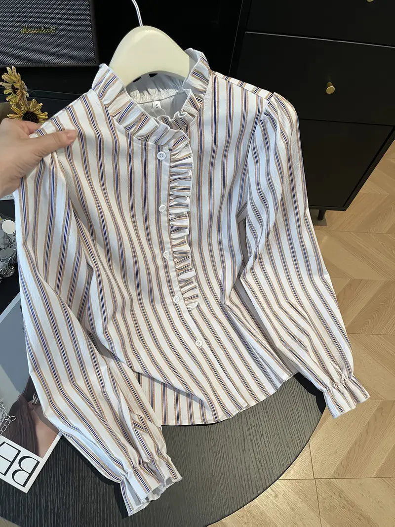 Beige Brown Women's Striped Button Down Shirt