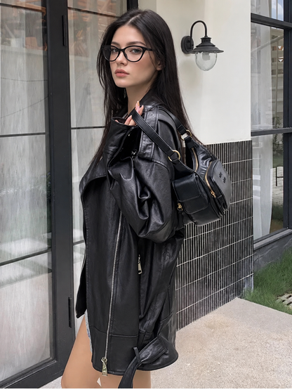 Women’s Oversized Black Sheepskin Leather Biker Jacket