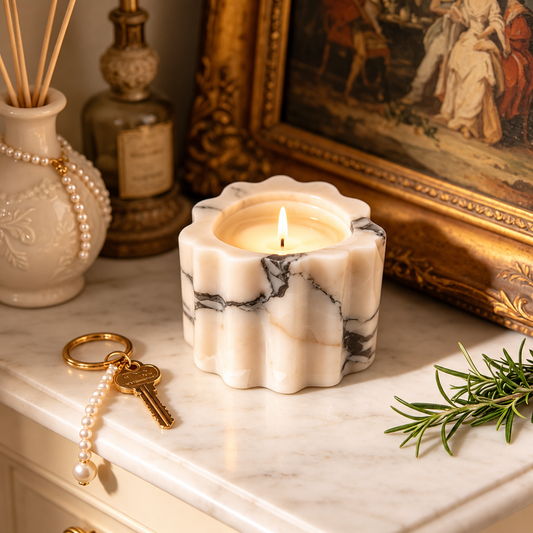 Scalloped Pink Marble Candle Holder with Floral Edges and Black Veining