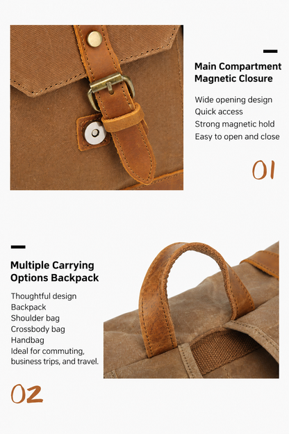 Canvas Backpack with Roll Top, Brown Trim and Organized Storage