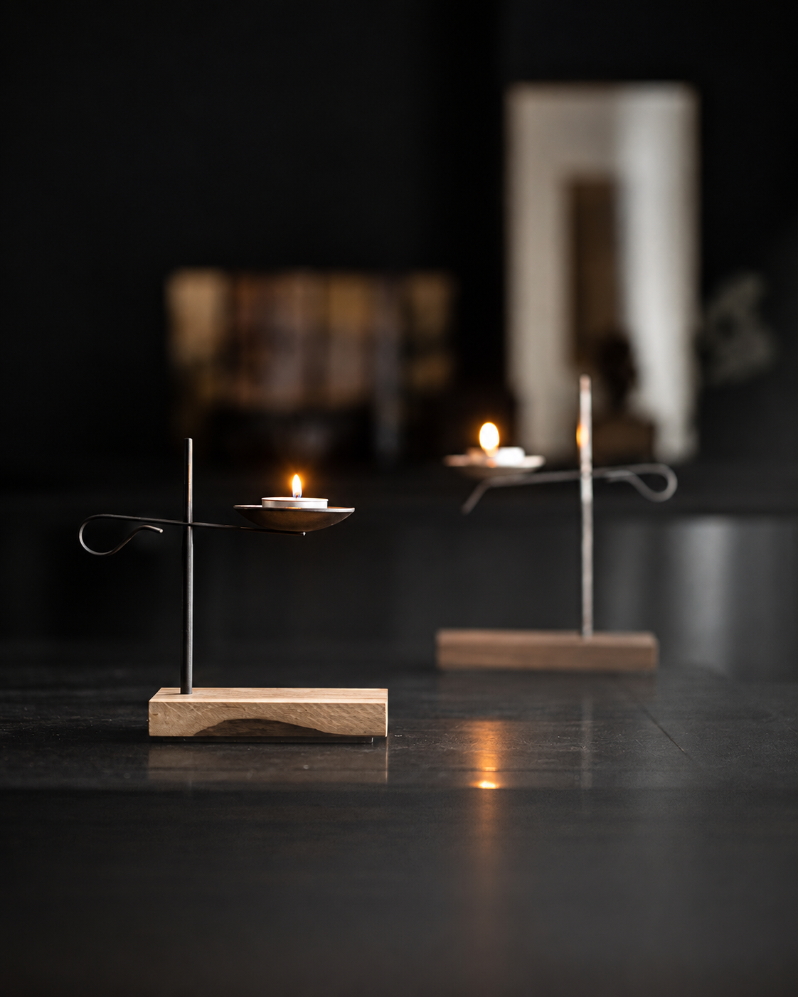 Black Wrought Iron Tea Light Candle Holder with Wooden Base