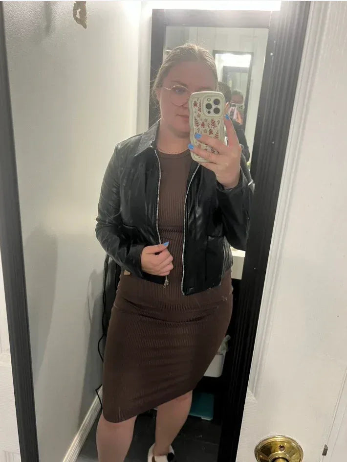 Cropped Faux Leather Jacket Women Black Casual Short Fit