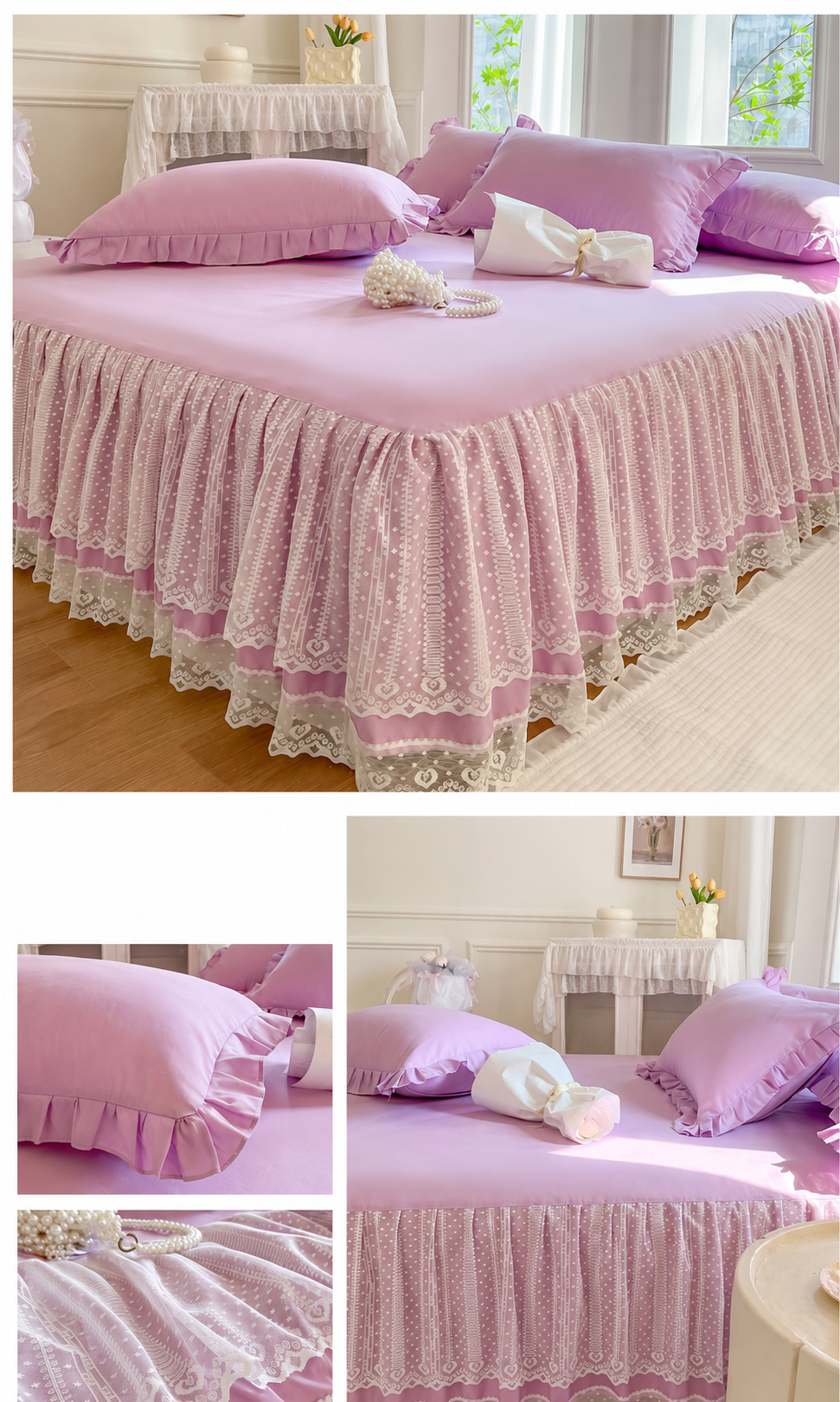Lace Fitted Sheet with Ruffled Bed Skirt and Pillowcase