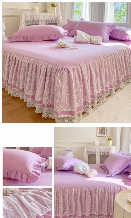 Lace Fitted Sheet with Ruffled Bed Skirt and Pillowcase