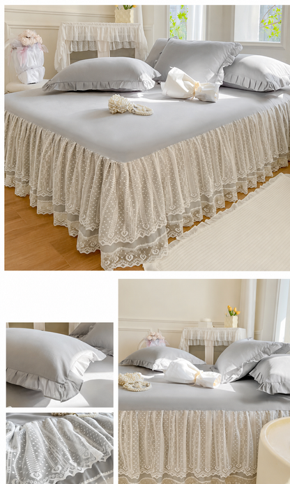 Lace Fitted Sheet with Ruffled Bed Skirt and Pillowcase