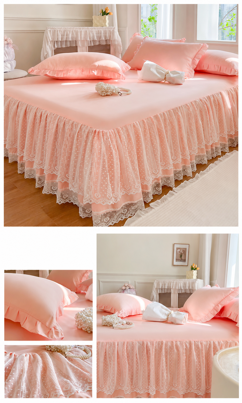 Lace Fitted Sheet with Ruffled Bed Skirt and Pillowcase