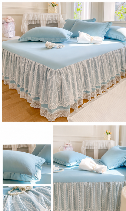 Lace Fitted Sheet with Ruffled Bed Skirt and Pillowcase