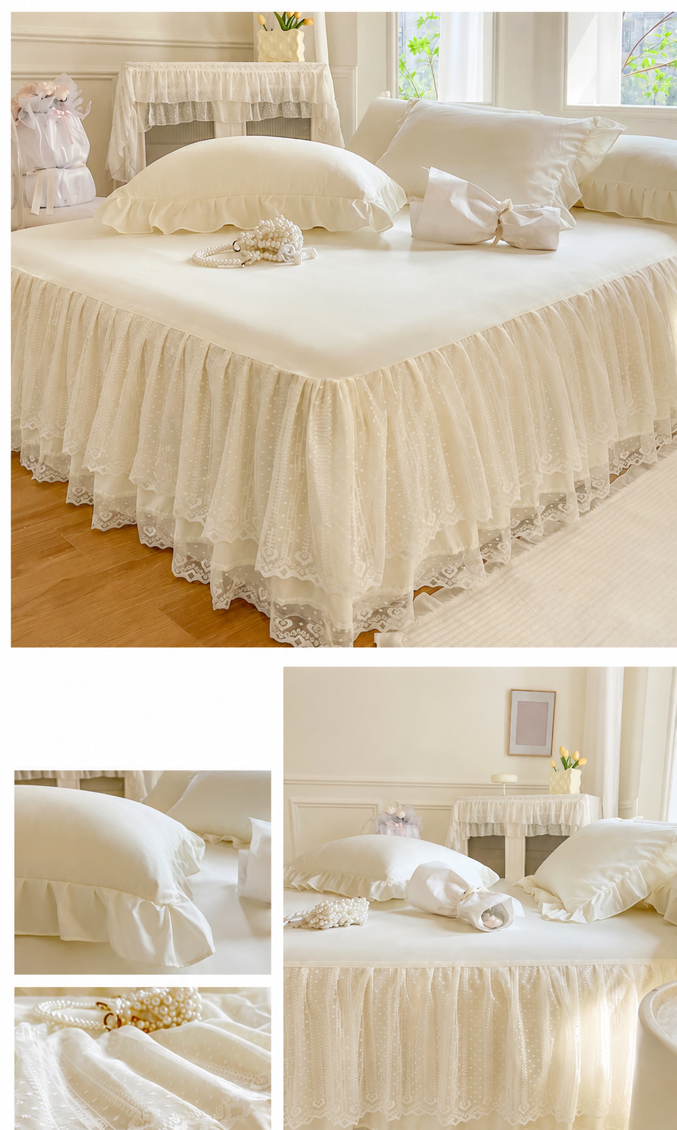 Lace Fitted Sheet with Ruffled Bed Skirt and Pillowcase