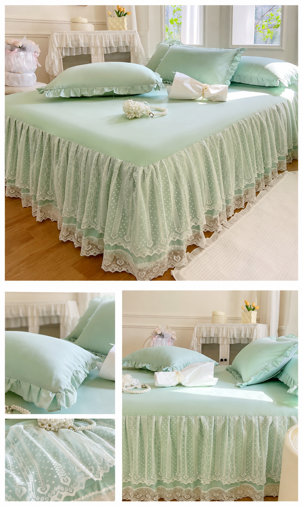 Lace Fitted Sheet with Ruffled Bed Skirt and Pillowcase