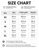 A size chart table showing clothing dimensions in centimeters and inches for sizes XS through XL, with columns for Bust, Clothes Length, and Waistline. Header text also includes packaging dimensions and 100% polyester wash label information.