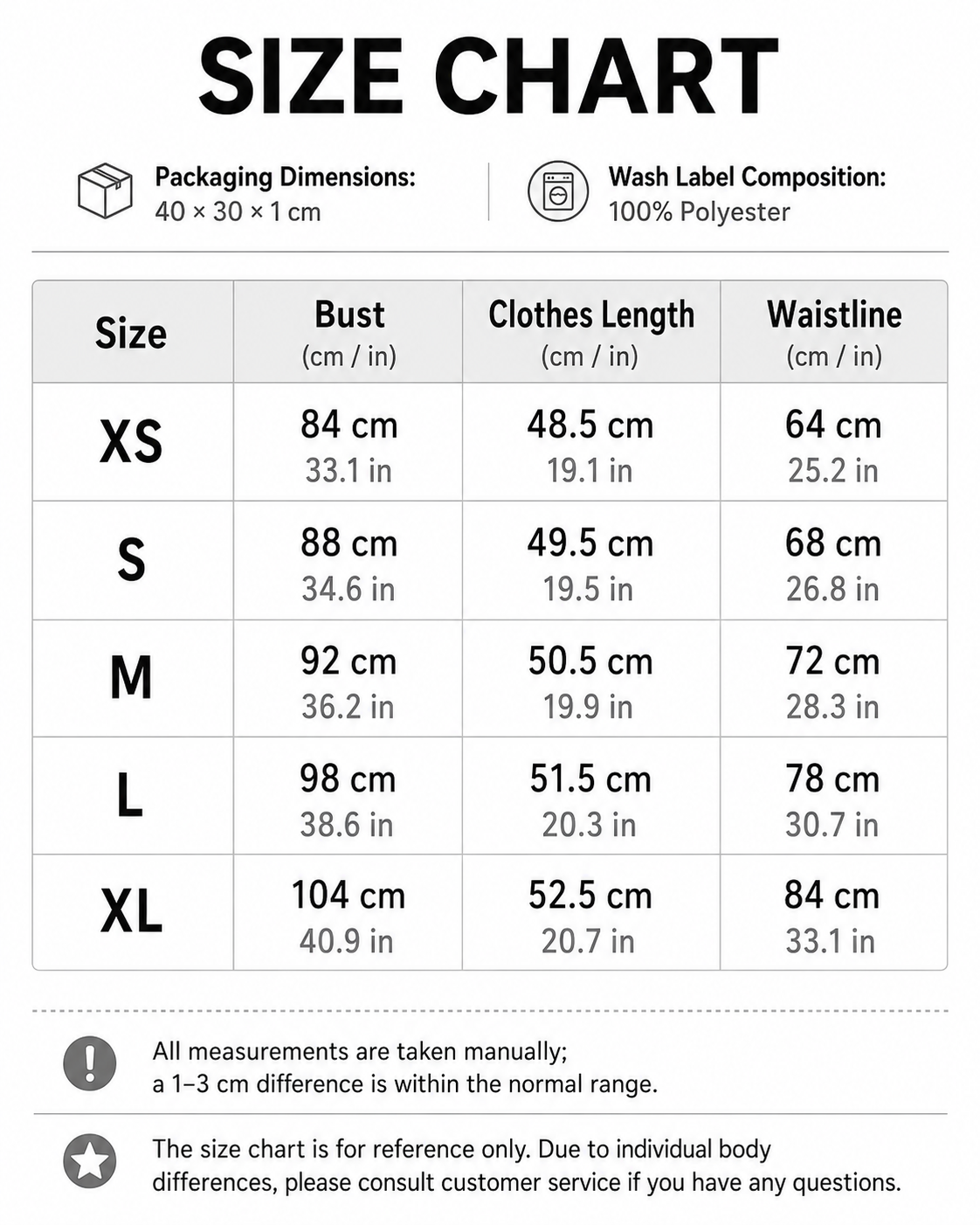 A size chart table showing clothing dimensions in centimeters and inches for sizes XS through XL, with columns for Bust, Clothes Length, and Waistline. Header text also includes packaging dimensions and 100% polyester wash label information.