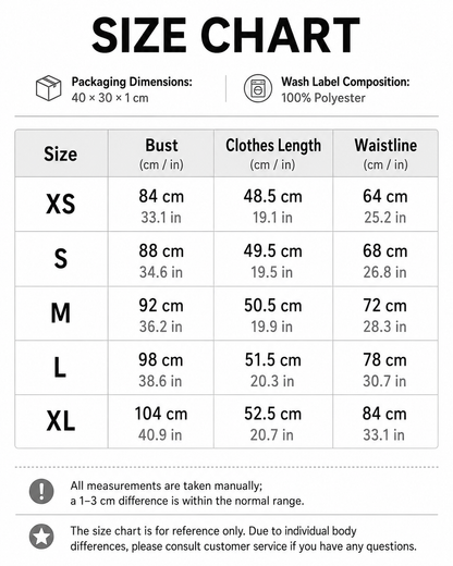 A size chart table showing clothing dimensions in centimeters and inches for sizes XS through XL, with columns for Bust, Clothes Length, and Waistline. Header text also includes packaging dimensions and 100% polyester wash label information.