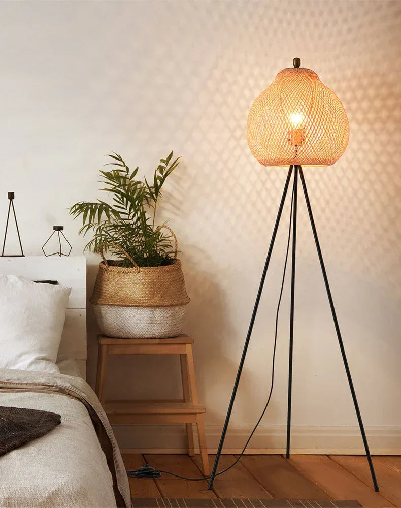Boho Rattan Standing Floor Lamp for Living Room