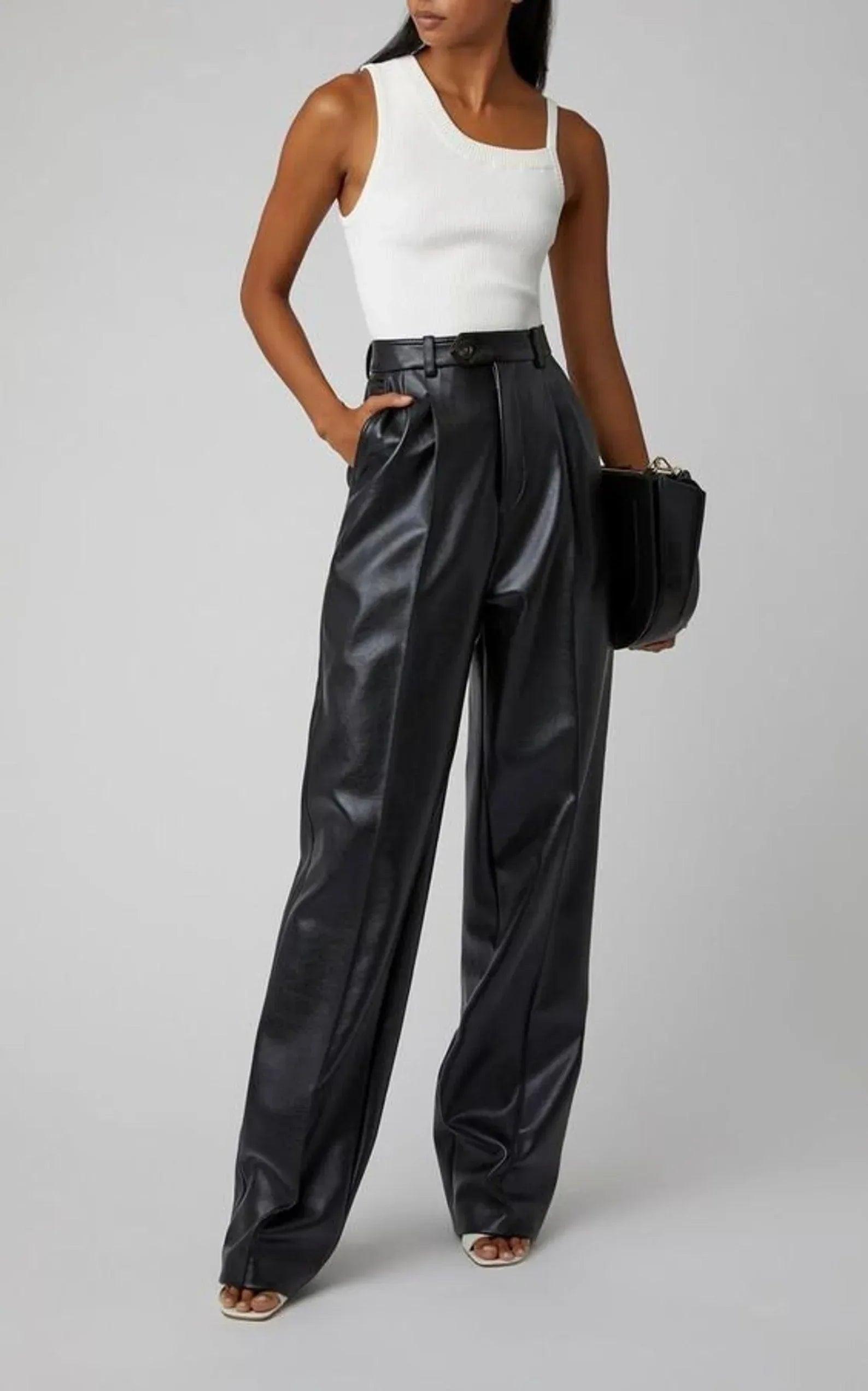 long leather pants women high waist floor length trousers