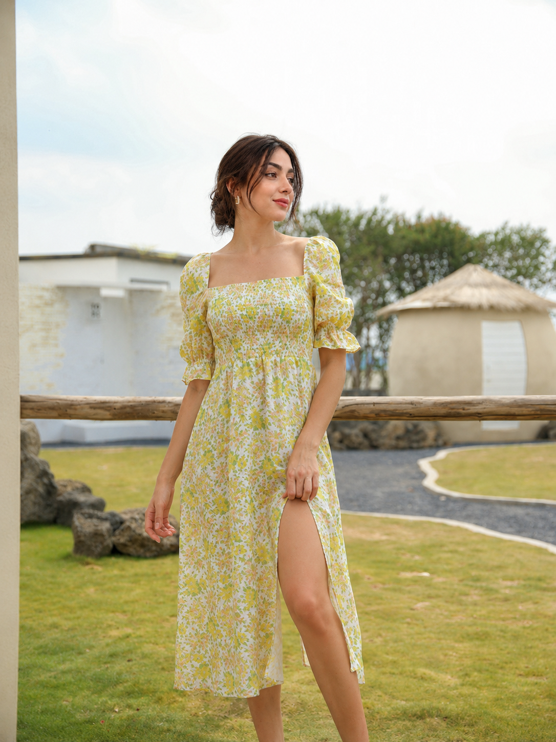 Yellow Floral Square-Neck Smocked Puff-Sleeve Midi Dress with Front Slit