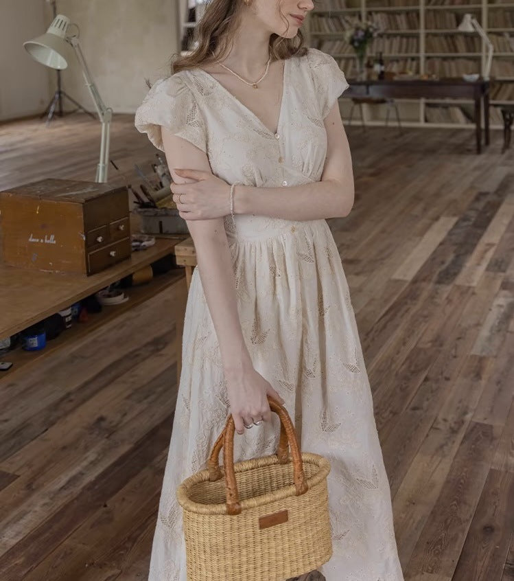 cotton midi dress v neck embroidered summer