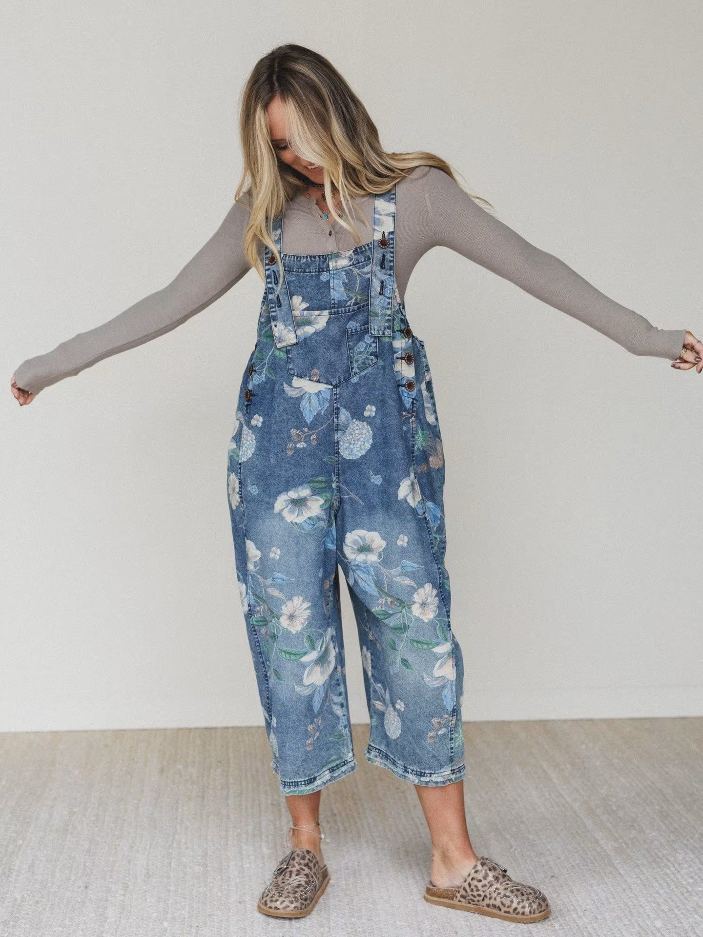 Floral print wide leg denim overalls women