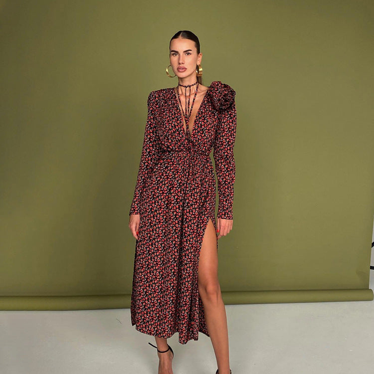 women floral midi dress v neck slit waist tie 1 S