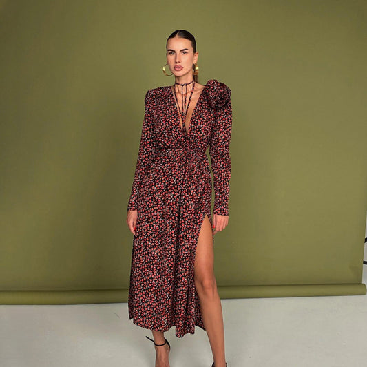women floral midi dress v neck slit waist tie 1 S