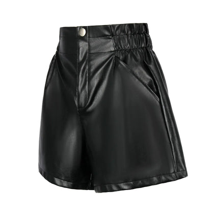 Genuine Leather Shorts Women Loose Wide Leg Cropped