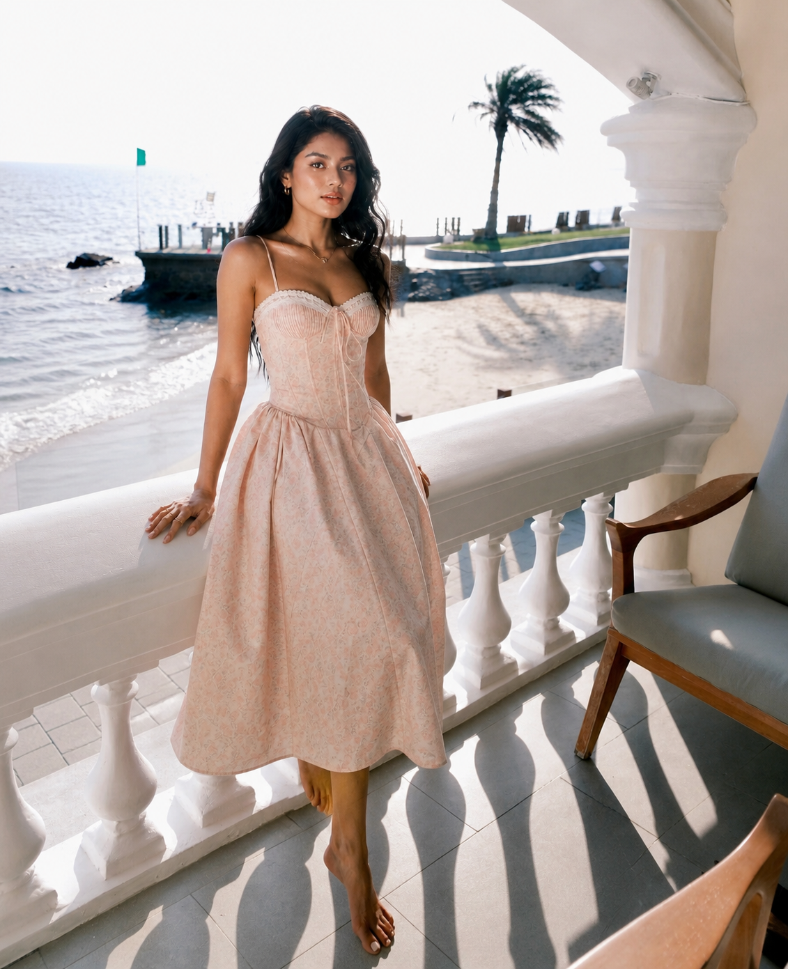 pink corset midi dress seaside vacation sleeveless flowy summer fit